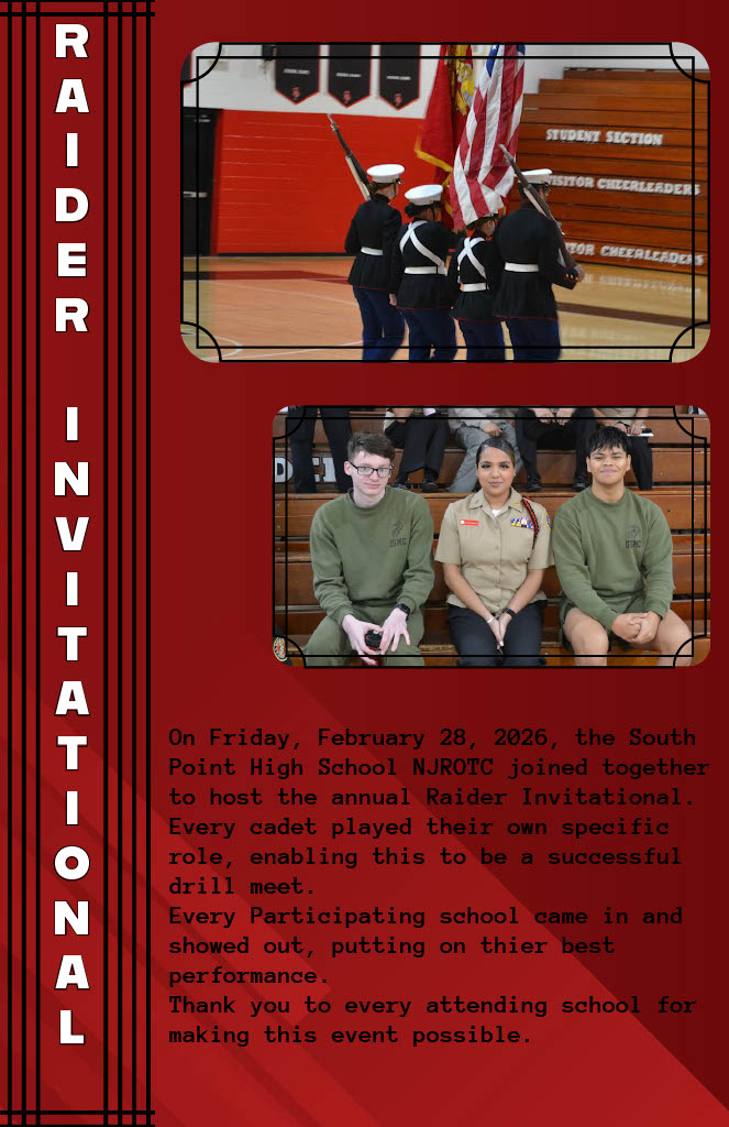 Maroon poster for 'Raider Invitational' with a vertical title on the left, two inset gym photos (color guard presenting the flag; three students seated on bleachers), and a paragraph describing the NJROTC event and thanks to attendees.