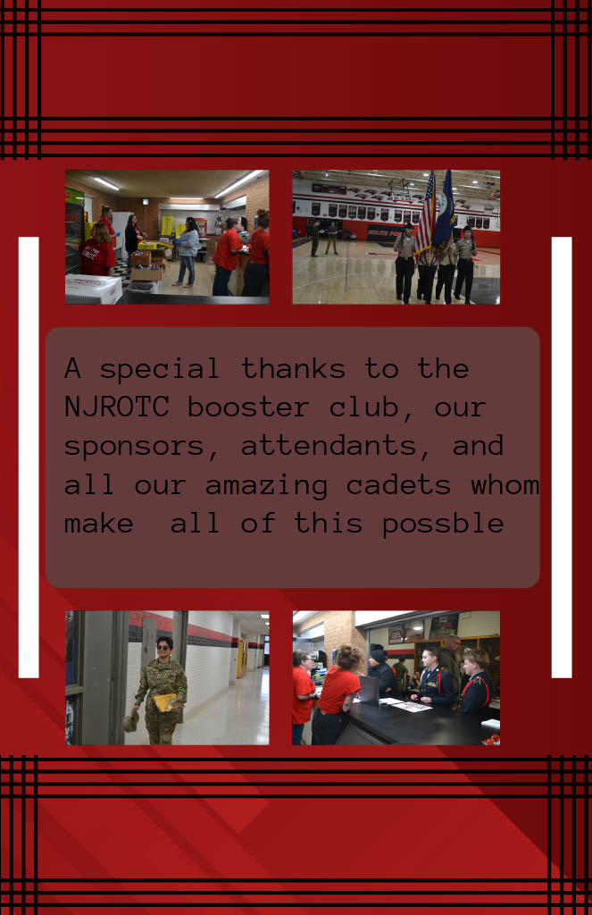 Red tribute poster with four photos of cadets and a central message thanking the NJROTC booster club, sponsors, attendees, and cadets.