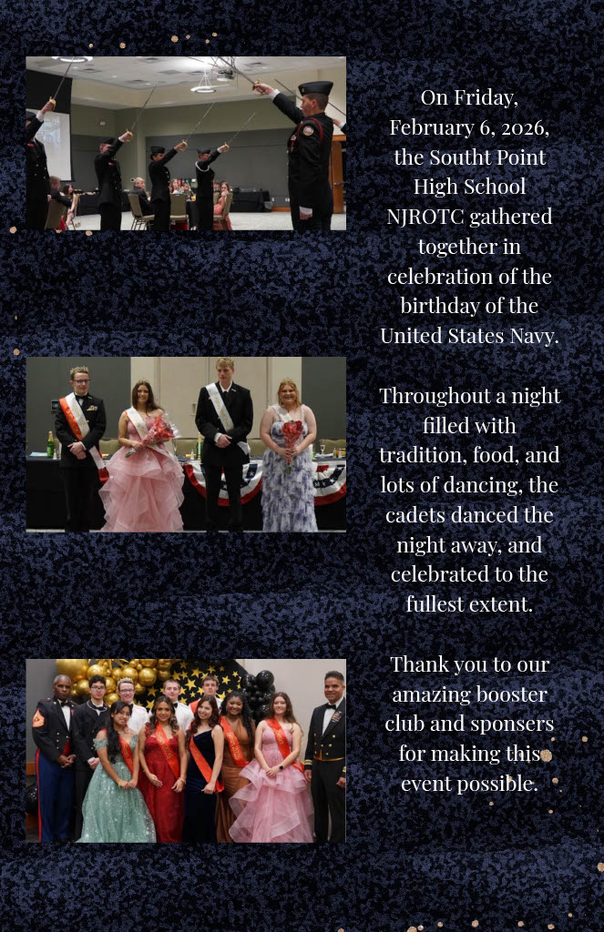 Photo collage from a NJROTC event: cadets in formal wear posing and sword-arms in a ceremony, plus group portraits at a celebration.